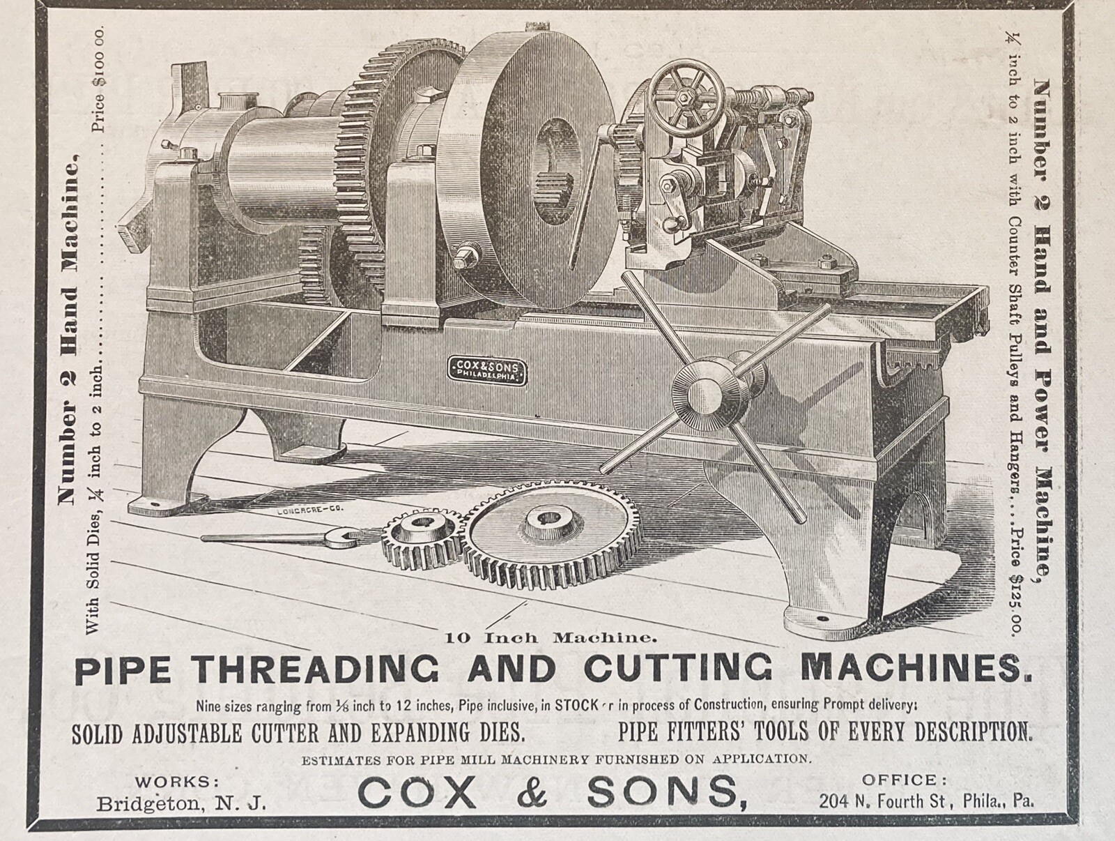 1888 AD.(XH7)~COX & SONS, BRIDGETON, NJ. PIPE THREADING AND CUTTING MACHINE