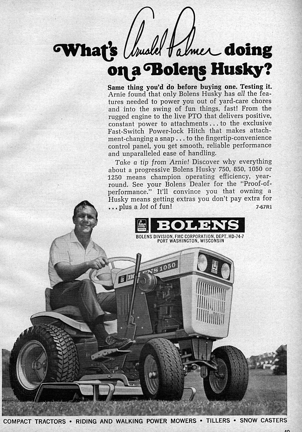 1967 Bolens Husky 1050 Garden Tractor Original Ad w/ Arnold Palmer
