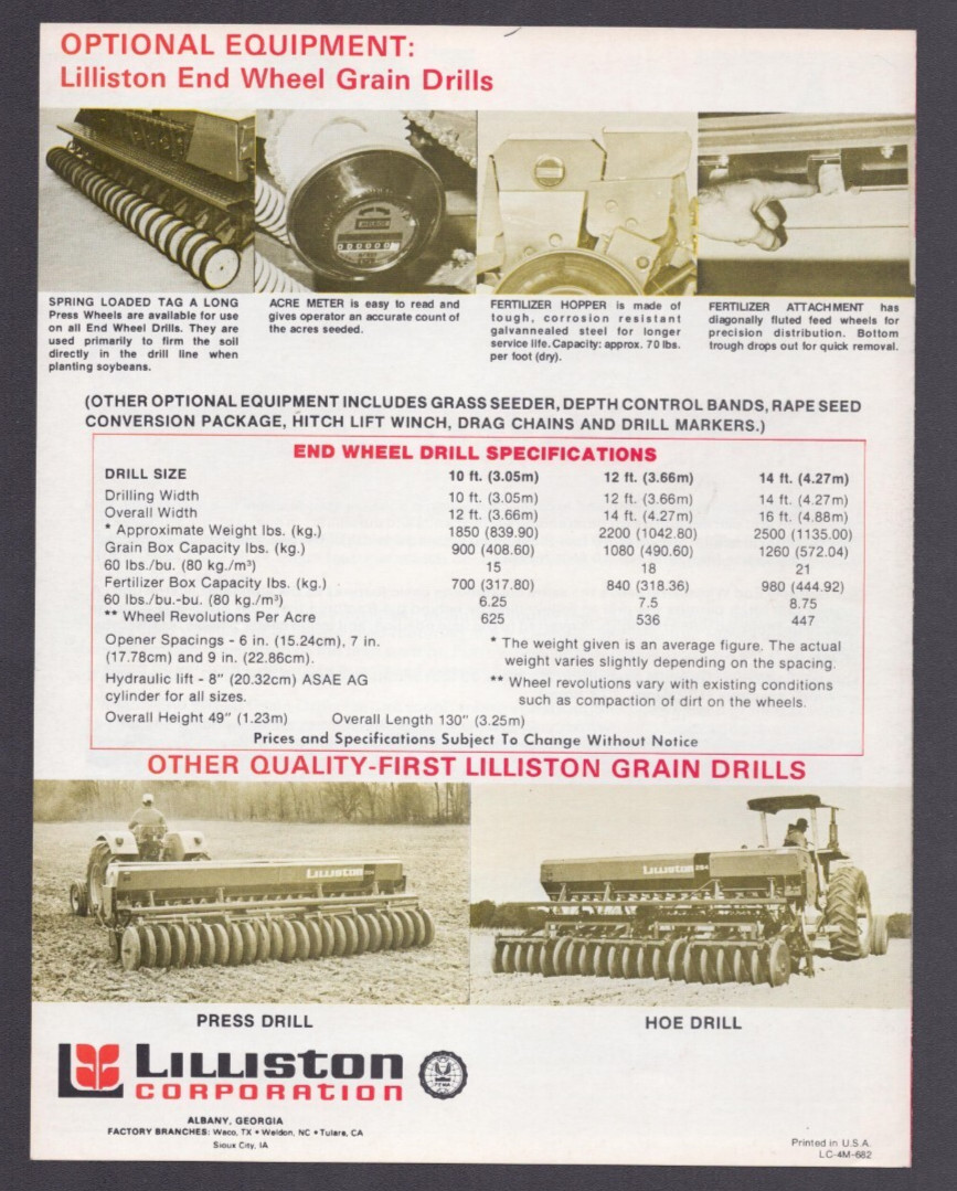 Lilliston 244 End Wheel Drills Albany Georgia Specification Brochure