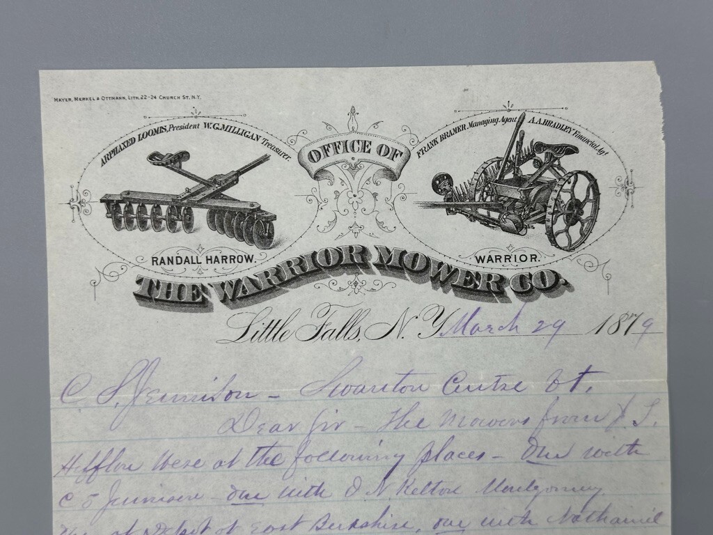 1879 WARRIOR MOWER Co Randall Harrow FARM Advertising Letterhead LITTLE FALLS NY