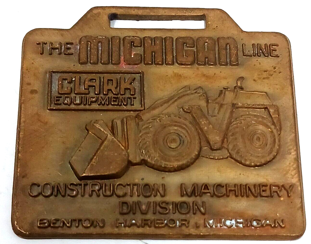 CLARK Equipment Watch Fob MICHIGAN Line Tractor Brass Key Benton Harbor VTG #J-8