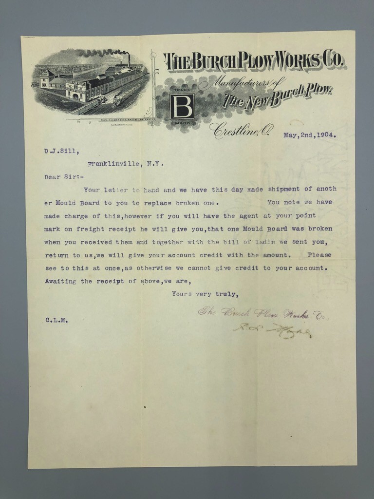 1904 BURCH PLOW WORKS Co Letterhead Antique Farm Advertising CRESTLINE OHIO
