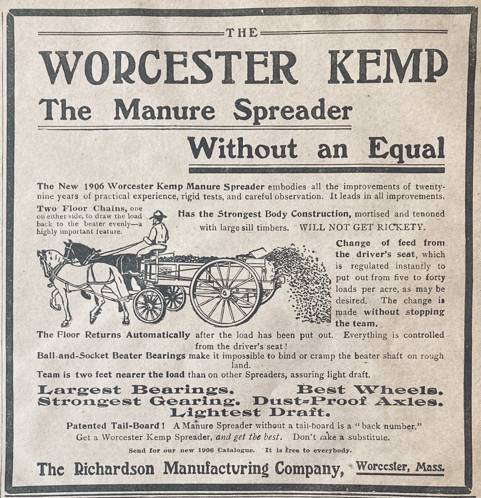 1906 AD.(XH36)~RICHARDSON MFG. CO. WORCESTER, MASS. WORC., KEMP MANURE SPREADER