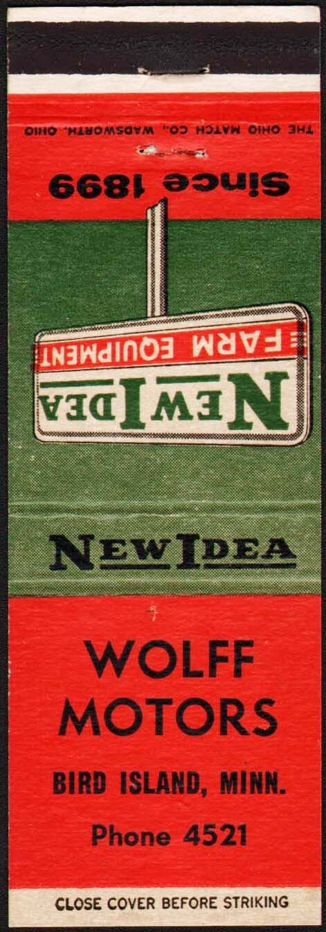 Vintage matchbook cover NEW IDEA FARM EQUIPMENT Wolff Motors Bird Island Minn