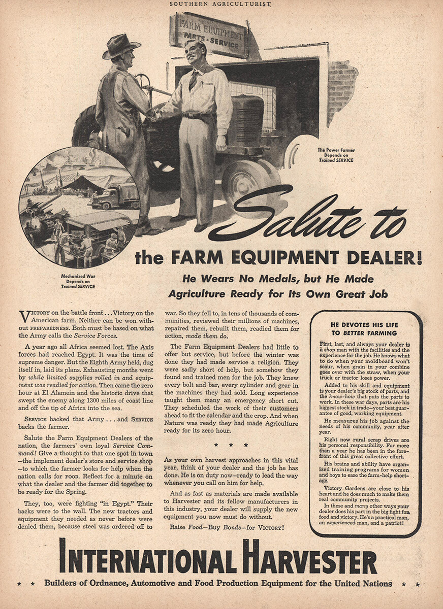 1943 International Harvester: Salute to Farm Equipment Vintage Print Ad