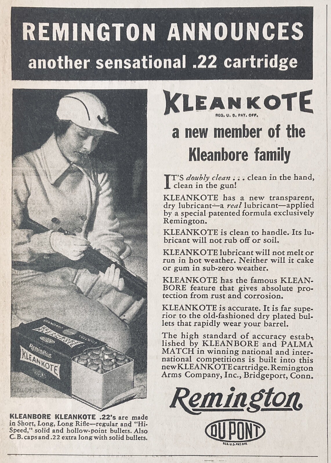 1936 AD.(XG1)~REMINGTON ARMS CO. BRIDGEPORT, CONN. KLEANKOTE .22 CARTRIDGE