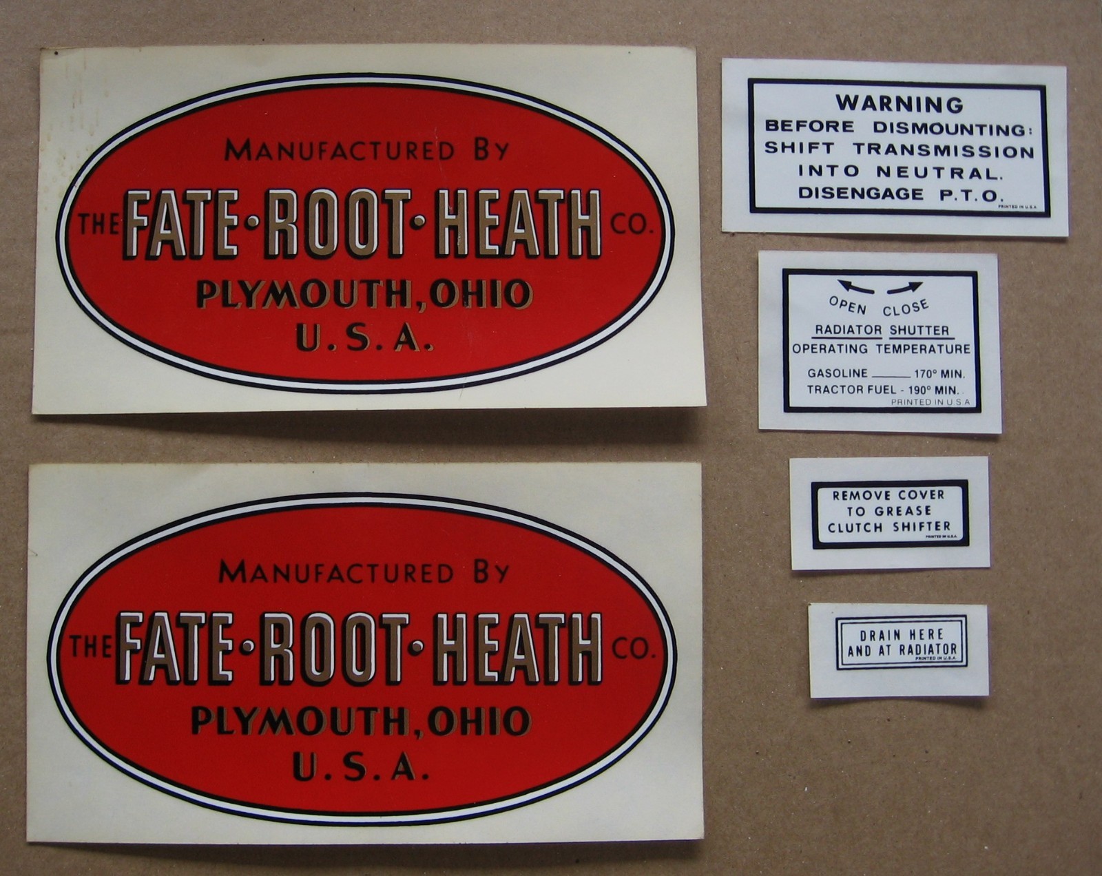The FATE ROOT HEATH Co. Plymouth, Ohio USA Tractor Decal Qty 2 + Rare Bonus