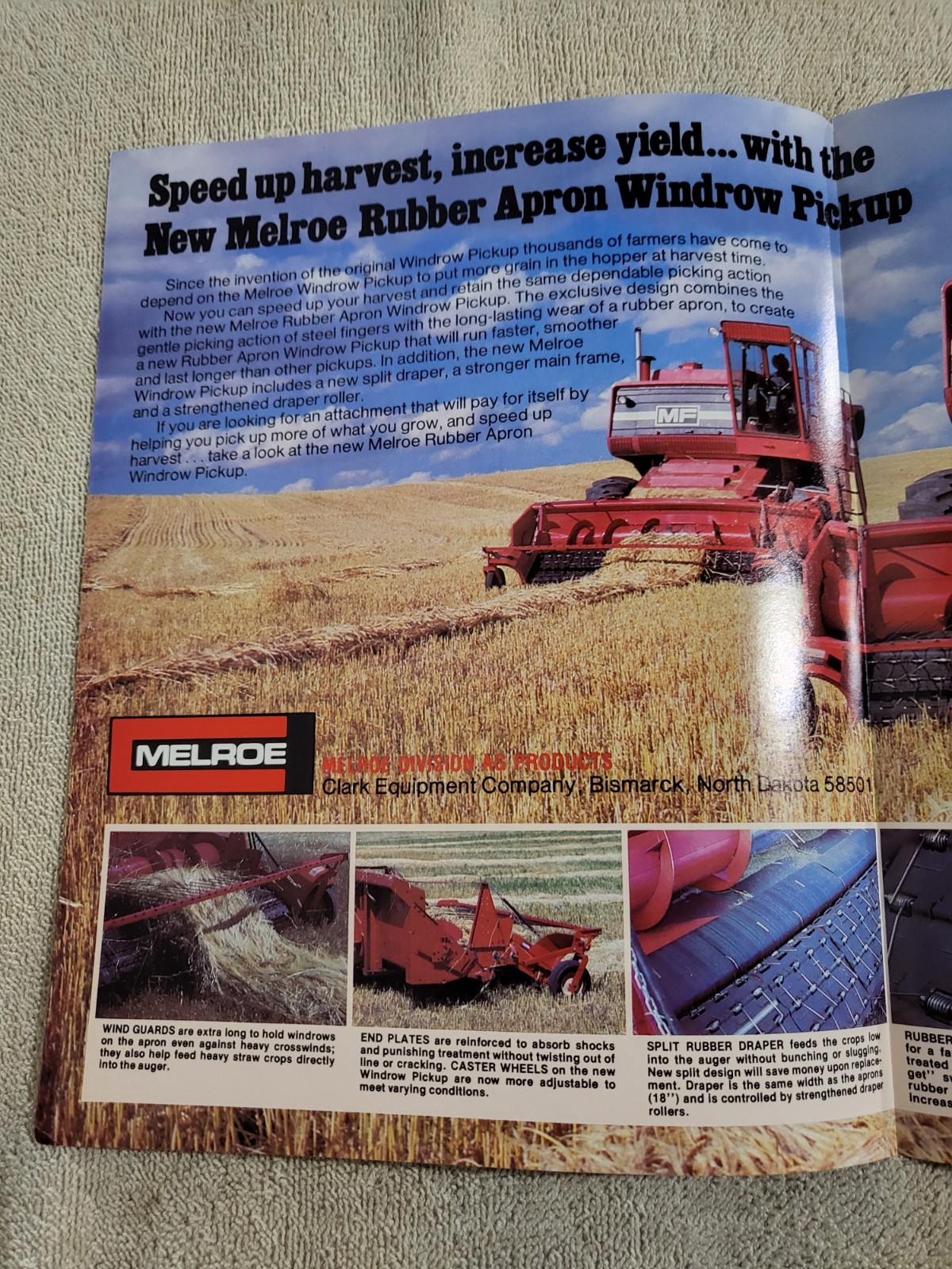 Vintage 1978 Melroe Rubber Apron Windrow Pickup MF Combine Brochure Clark Ag