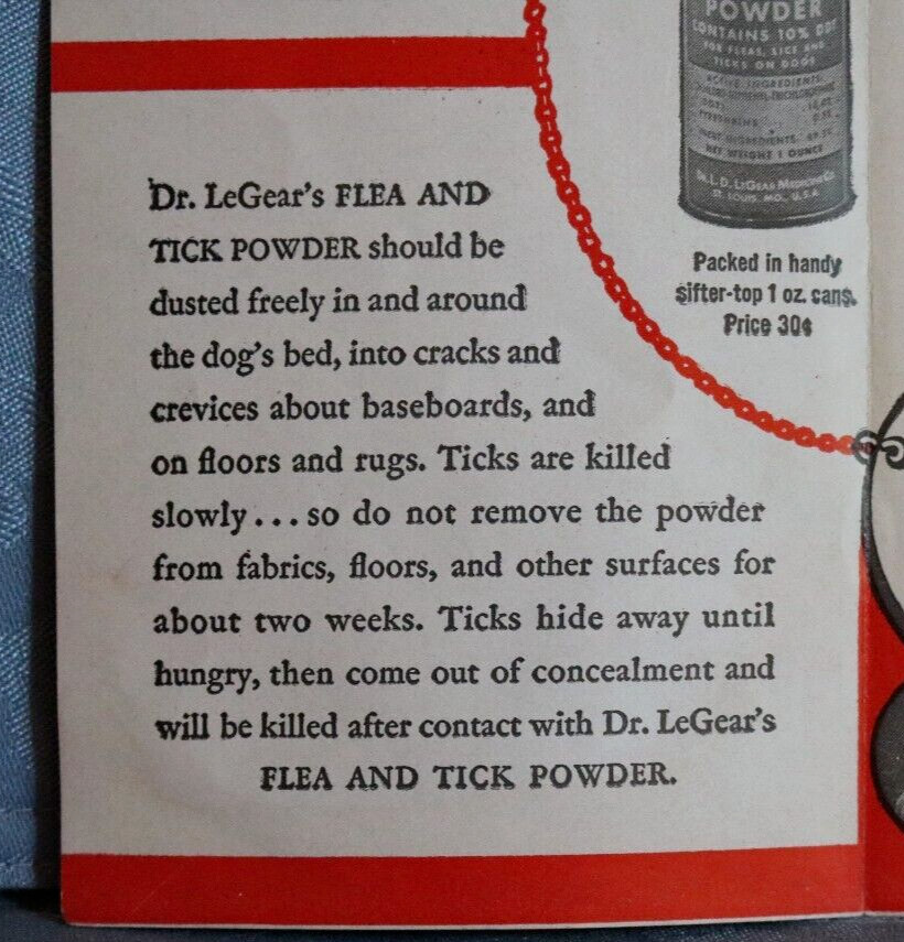 Vintage Dr LeGear&rsquo;s Dog Flea Tick Lice Powder Pamphlet States Contains DDT