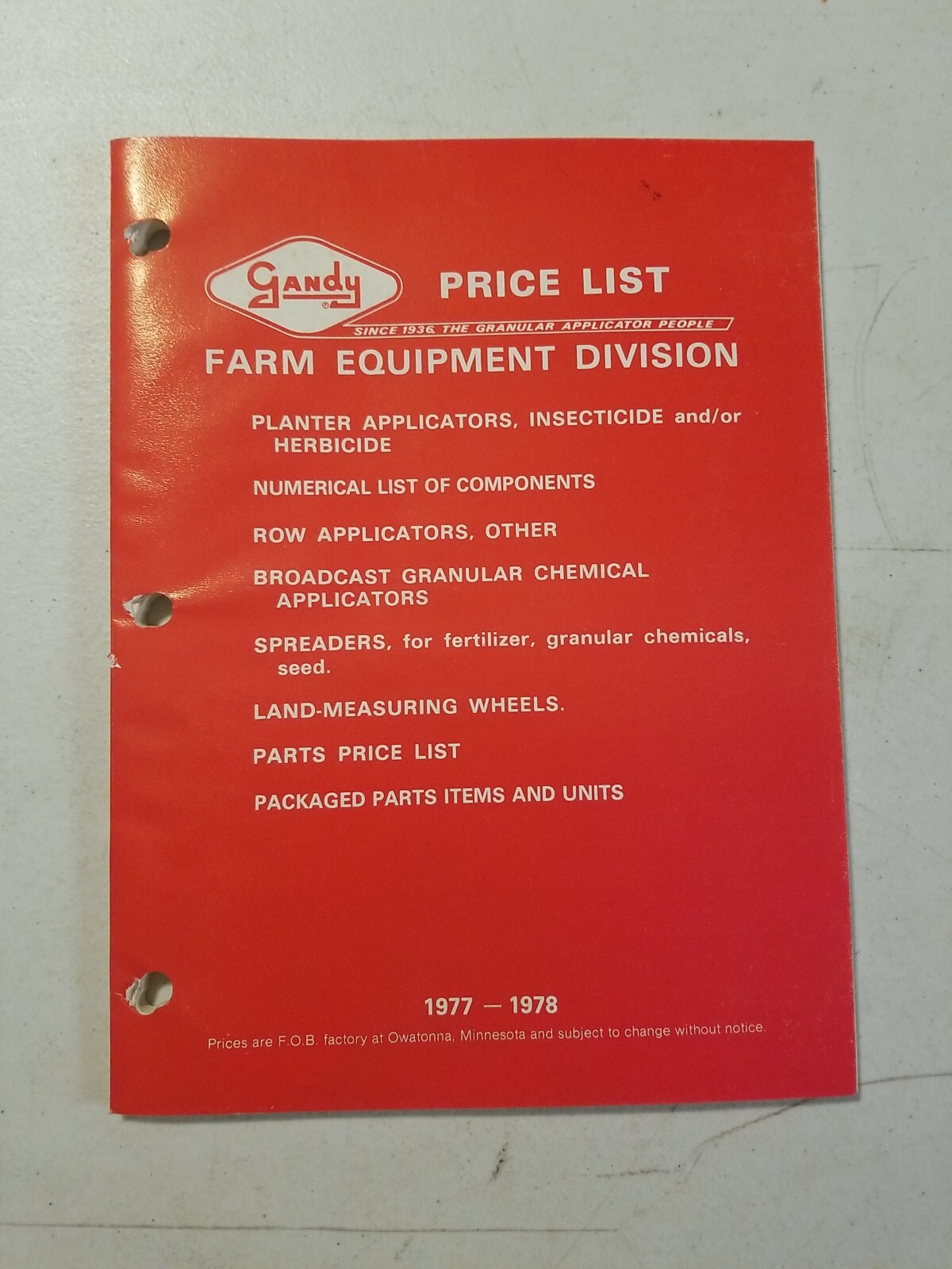 Original 1977-78 GANDY Farm Equipment Catalog Price List Brochure