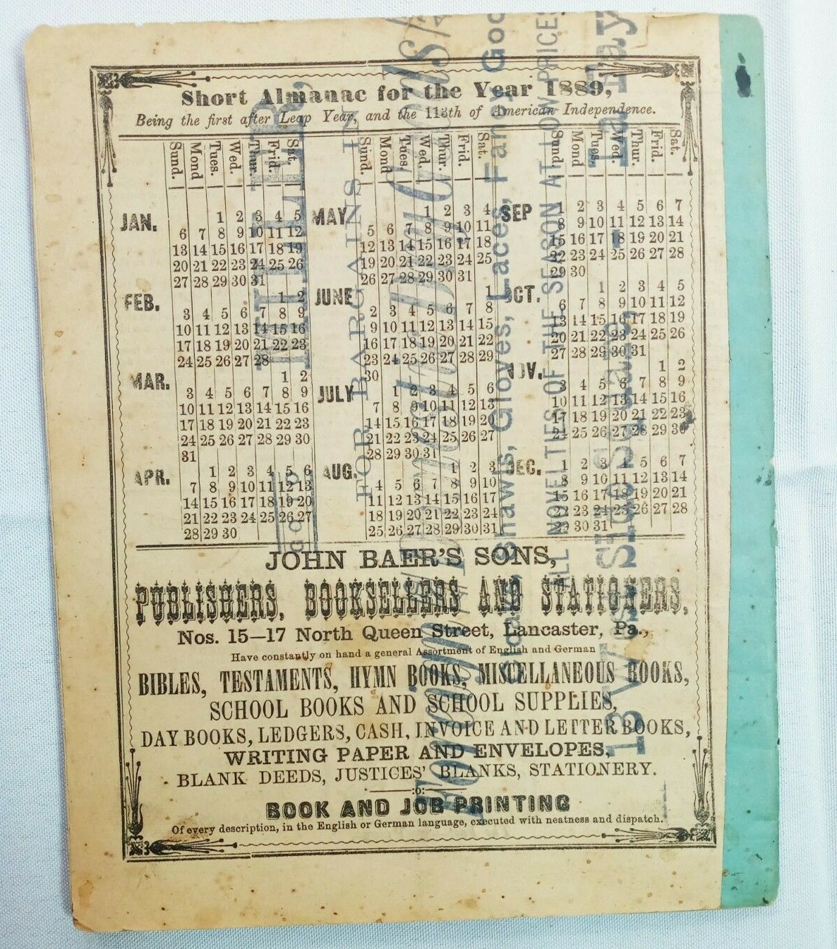 Vintage 1889 John Bear Baer&rsquo;s Agricultural Almanac Lancaster PA Antique Farmers