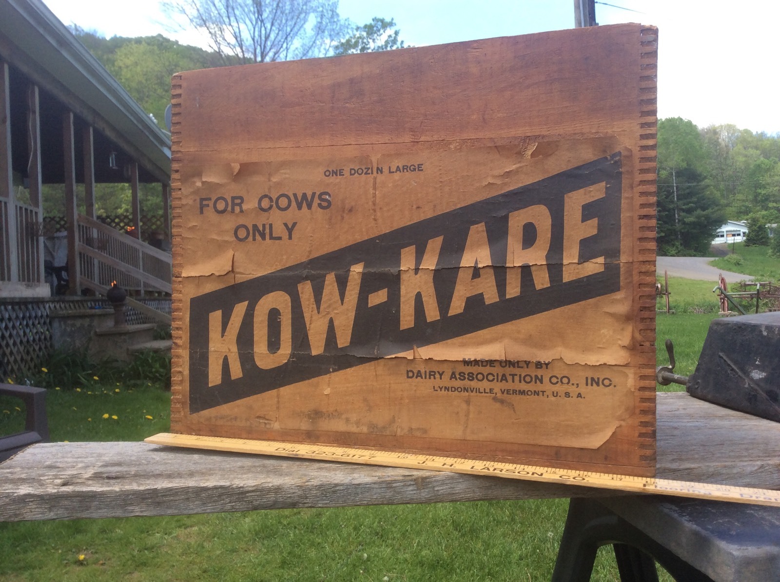 Antique Dovetail Kow-Kare Advertising Wood Box , Paper Label , Shabby, Farm