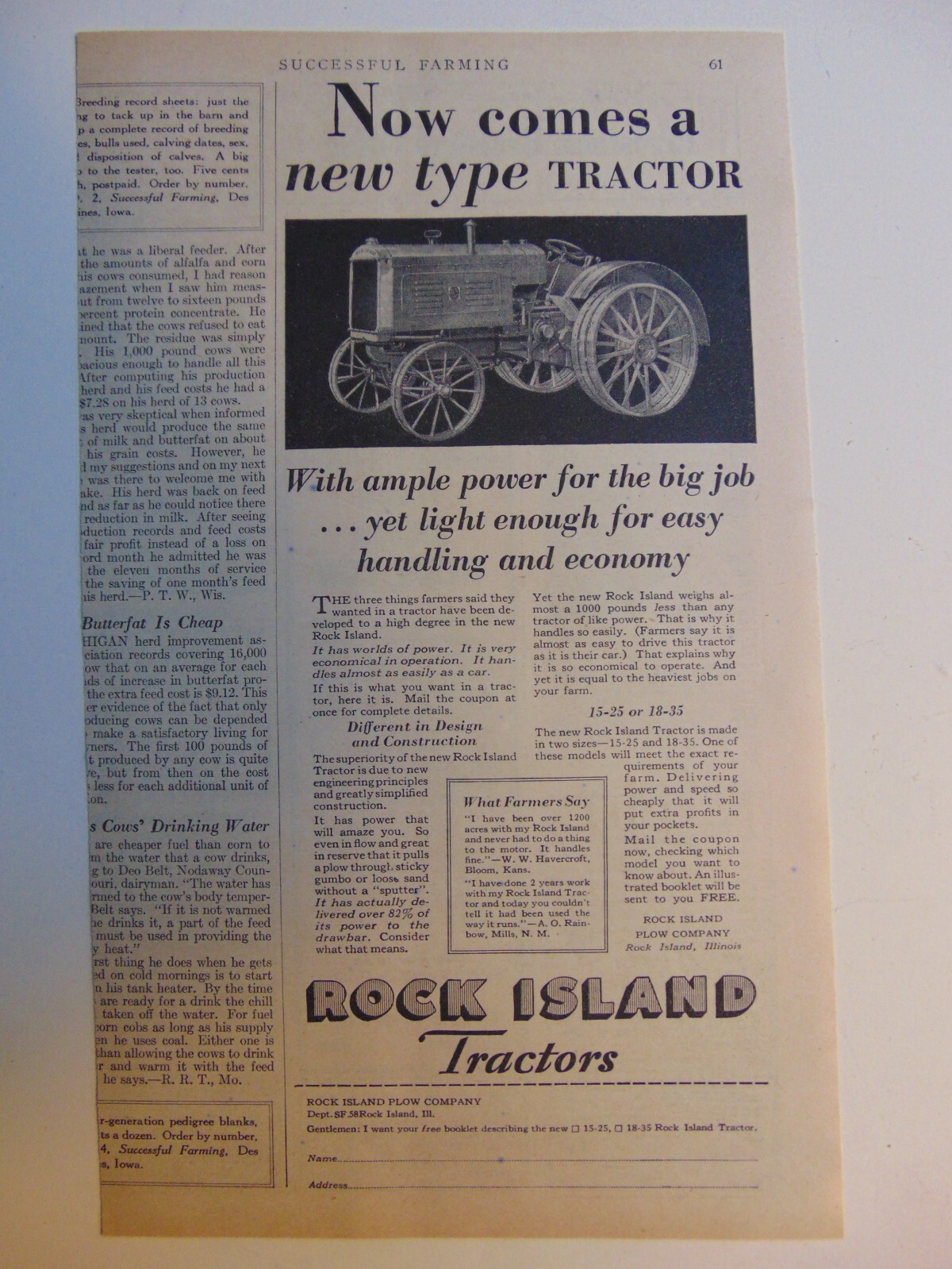 1930 ROCK ISLAND TRACTORS vintage print ad