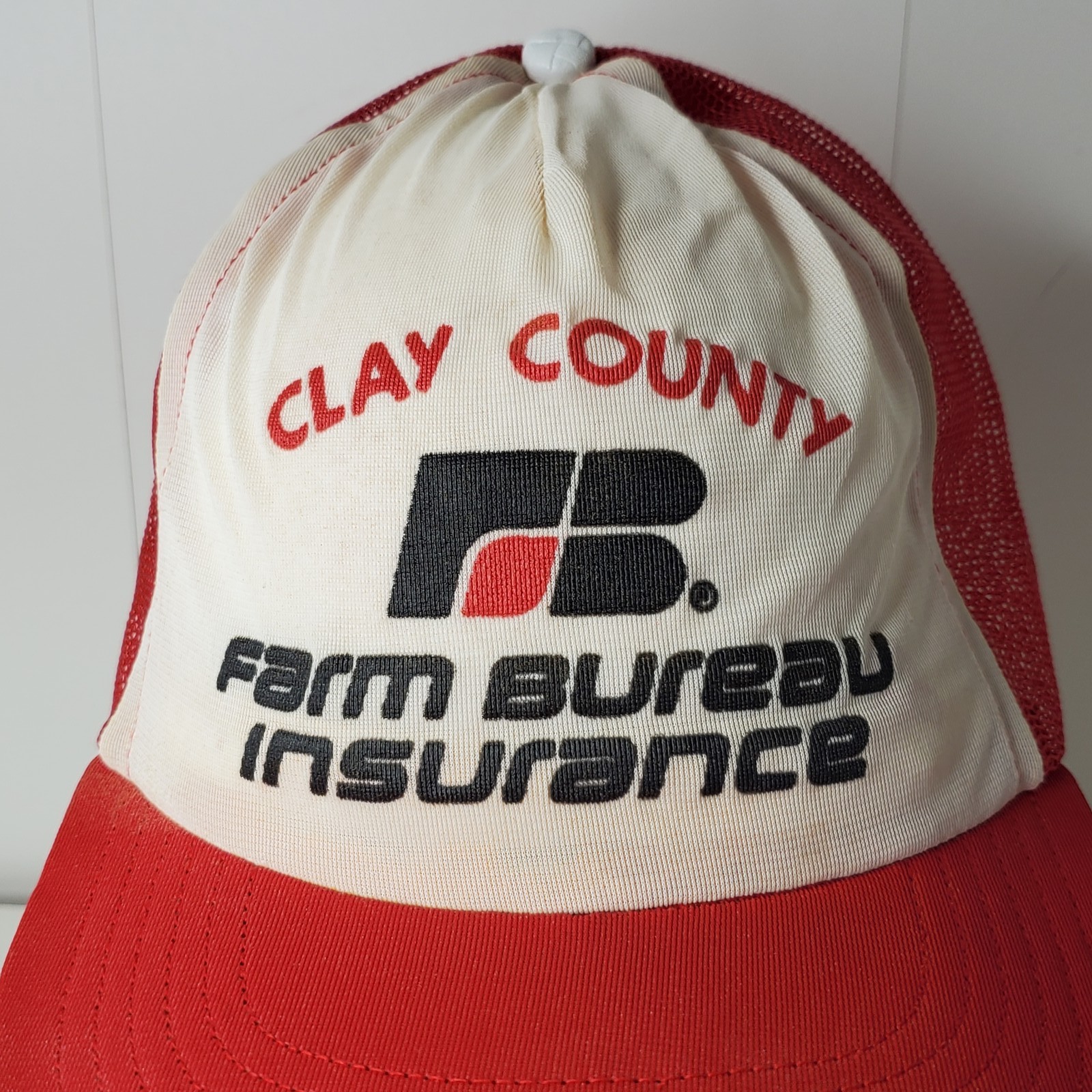 Vintage Clay County Farm Bureau Insurance Trucker Hat Red White Mesh Snapback