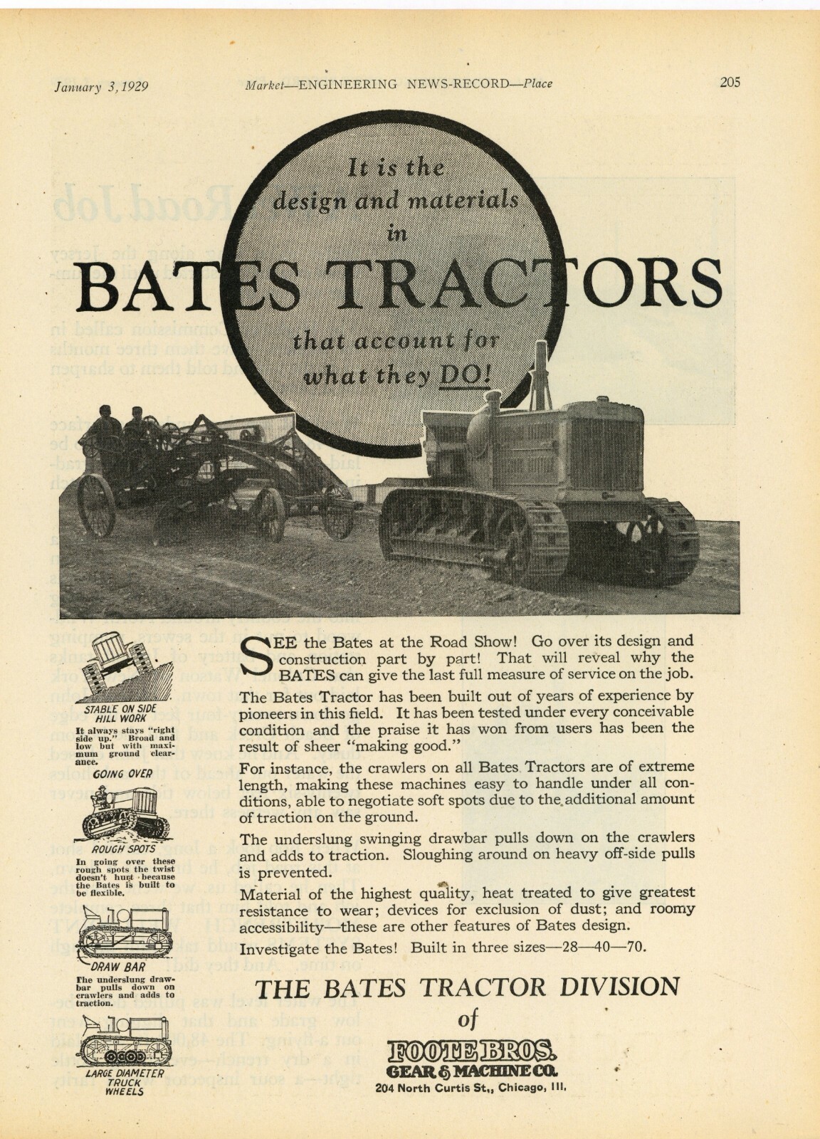 1929 Bates Crawler Tractors Ad: Foote Brothers Gear & Machine Co. Chicago, IL