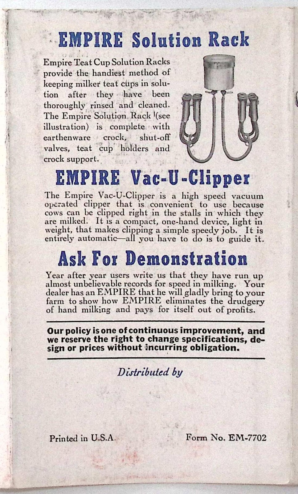 1952 Empire Milker Empire Milking Machine West Chester PA Fold Out Brochure