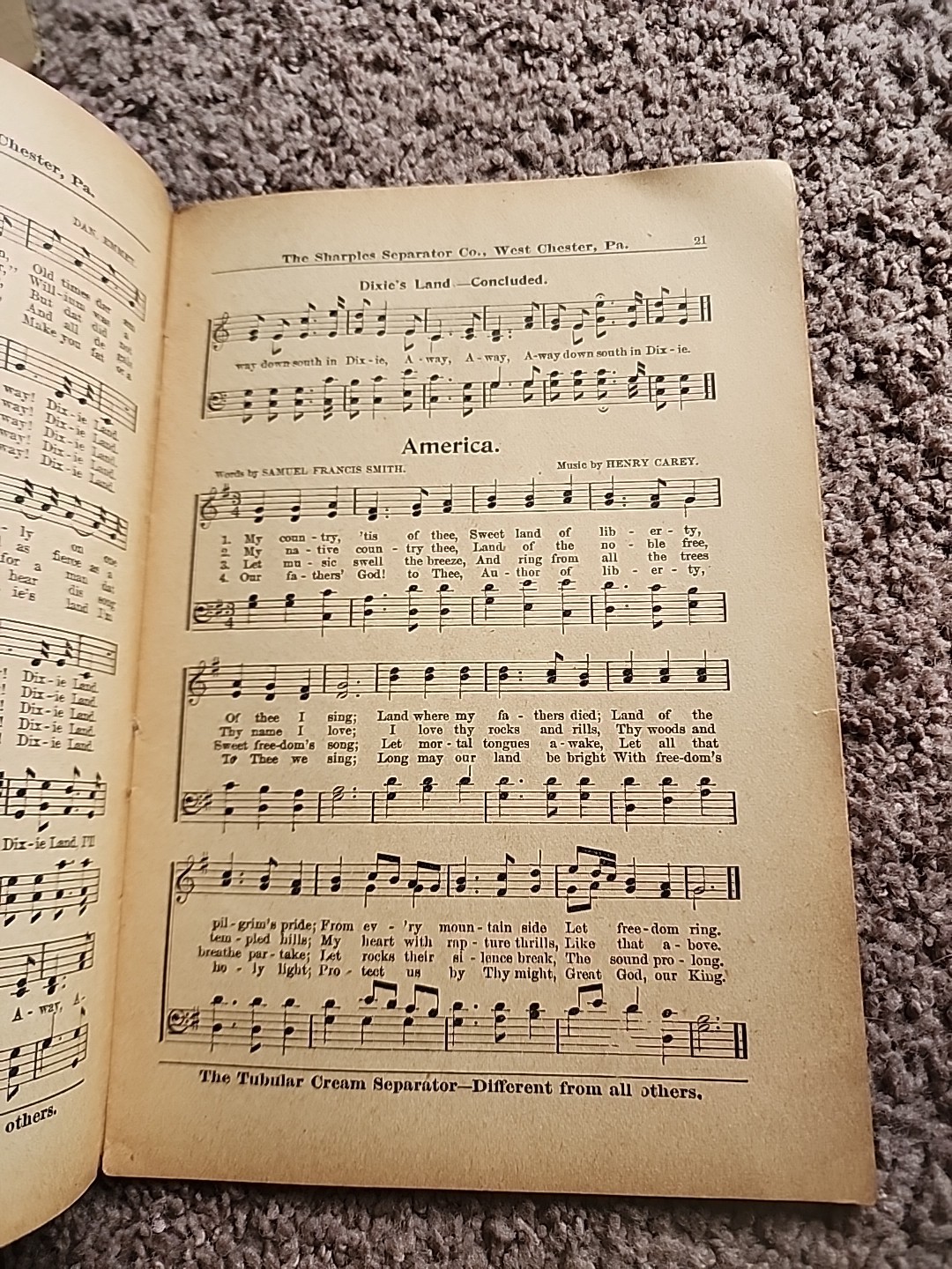 Sharples Seperator Co. West Chester PA. Old Time Songs Music Book