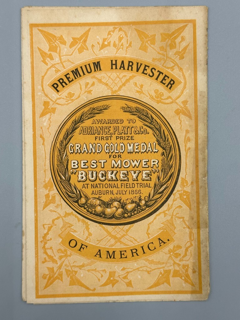 1873 BUCKEYE MOWER Adriance Platt FARM Advertising Trade Card Era MOUNT HOLLY NJ
