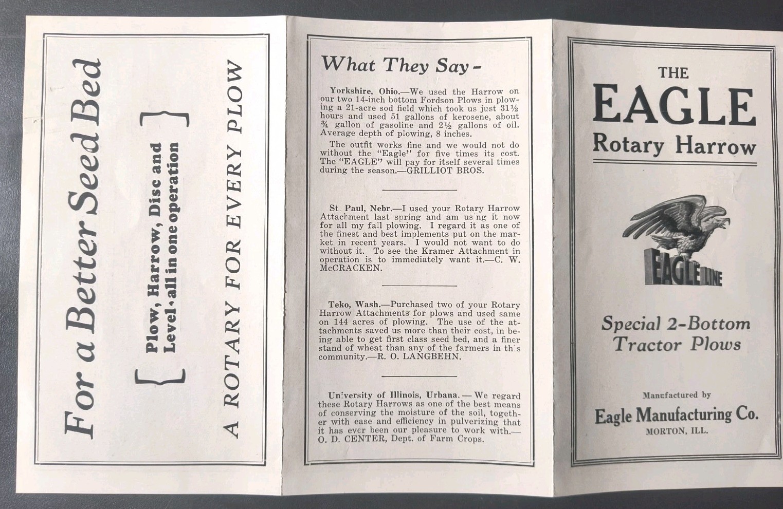 1920 Eagle Mfg. Rotary Harrow Dealer Advertising Brochure Lot Farming Ad Ill