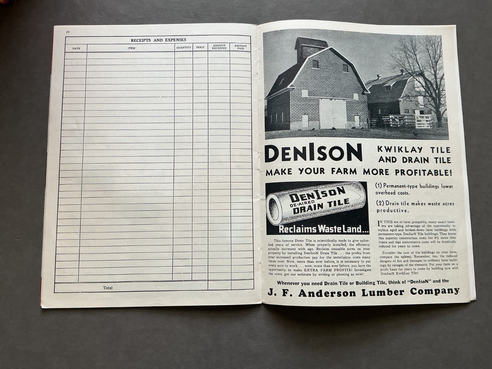1942 Farm Acct. Record Book – J. F. Anderson Lumber Co. Minnesota, Iowa, Dakotas