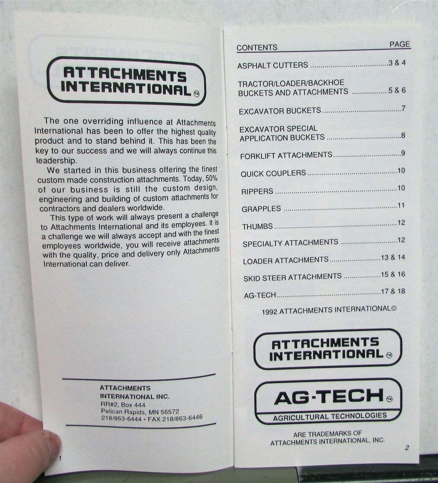 1992 Attachments International Product Guide Construction Sales Brochure
