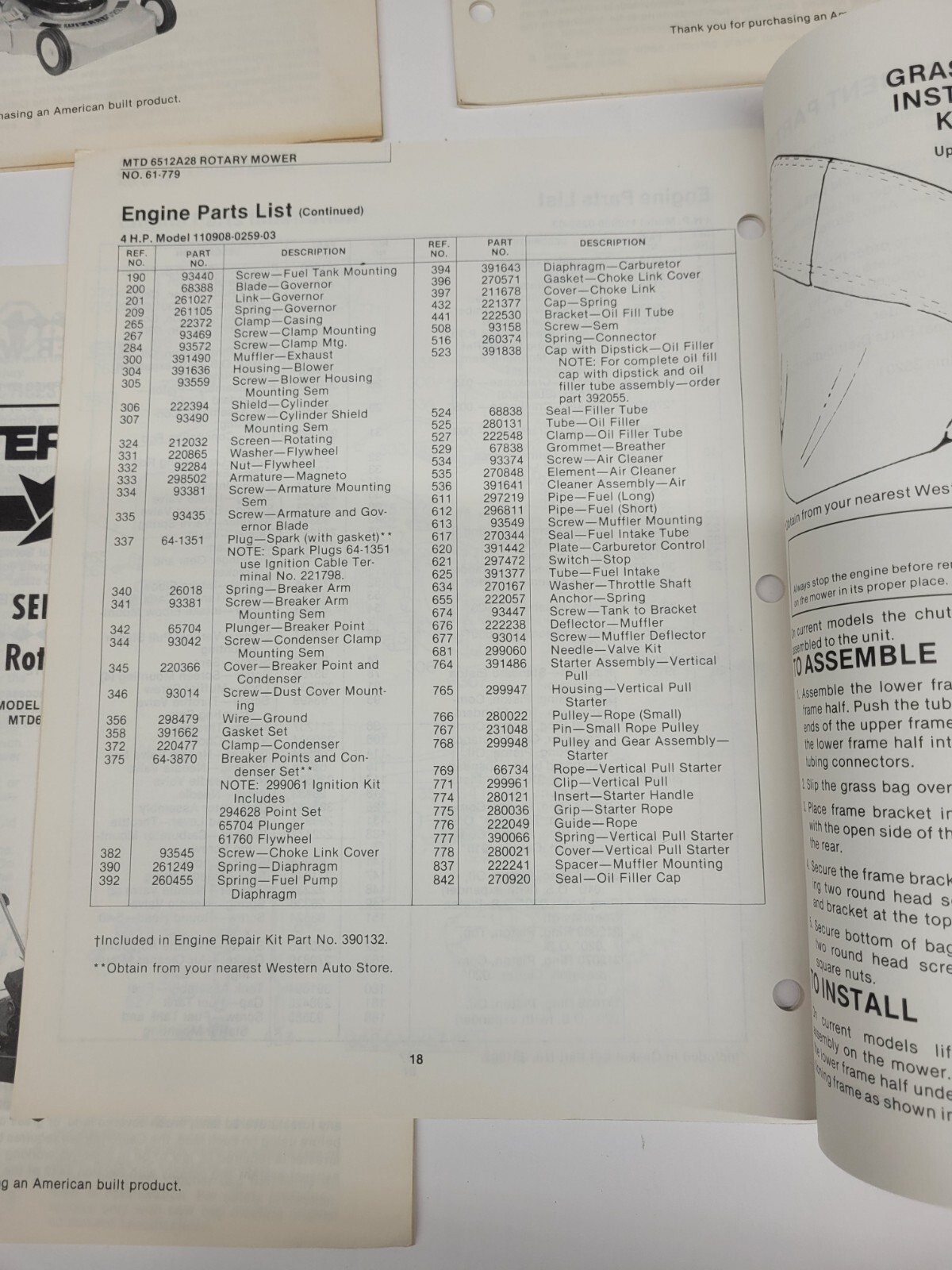 Lot VTG Western Auto WIZARD Lawn Mower Operating/Service Manual 1982