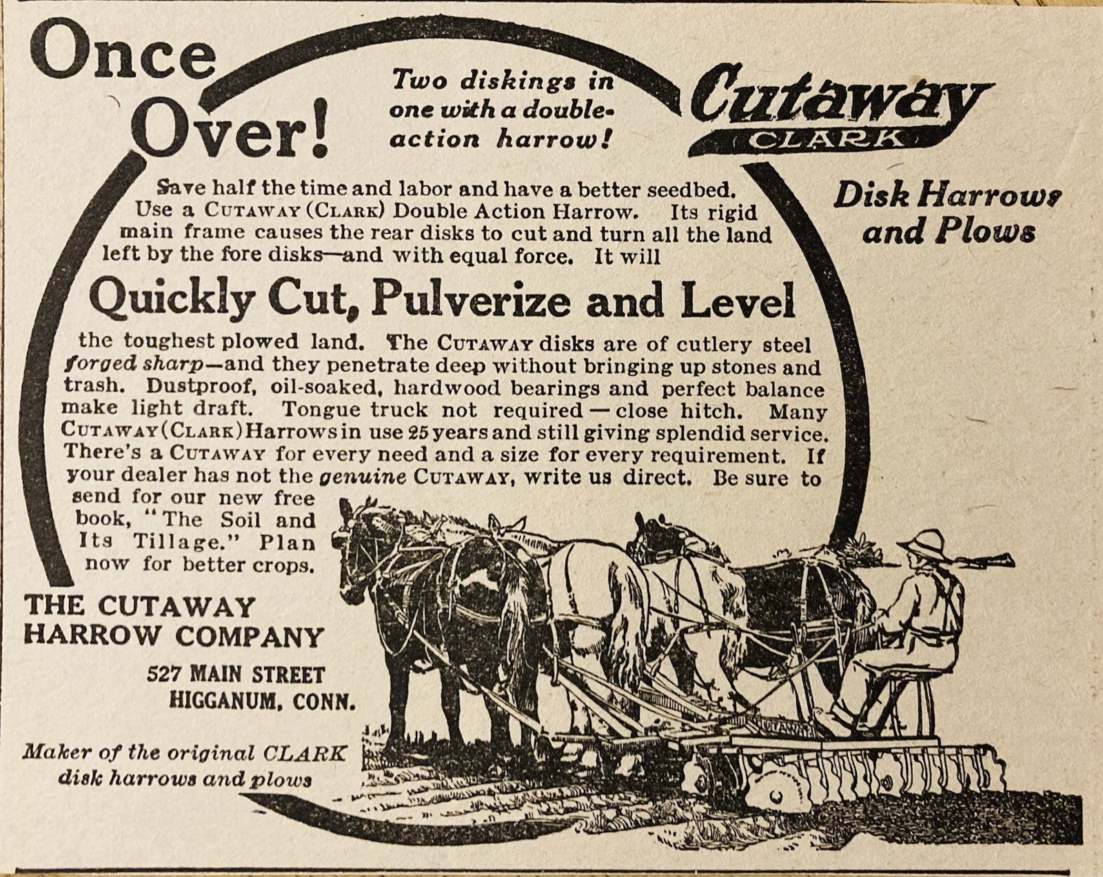 1918 AD.(XH85)~CUTAWAY HARROW CO. MAIN ST. HIGGANUM, CONN. CLARK DISK HARROW