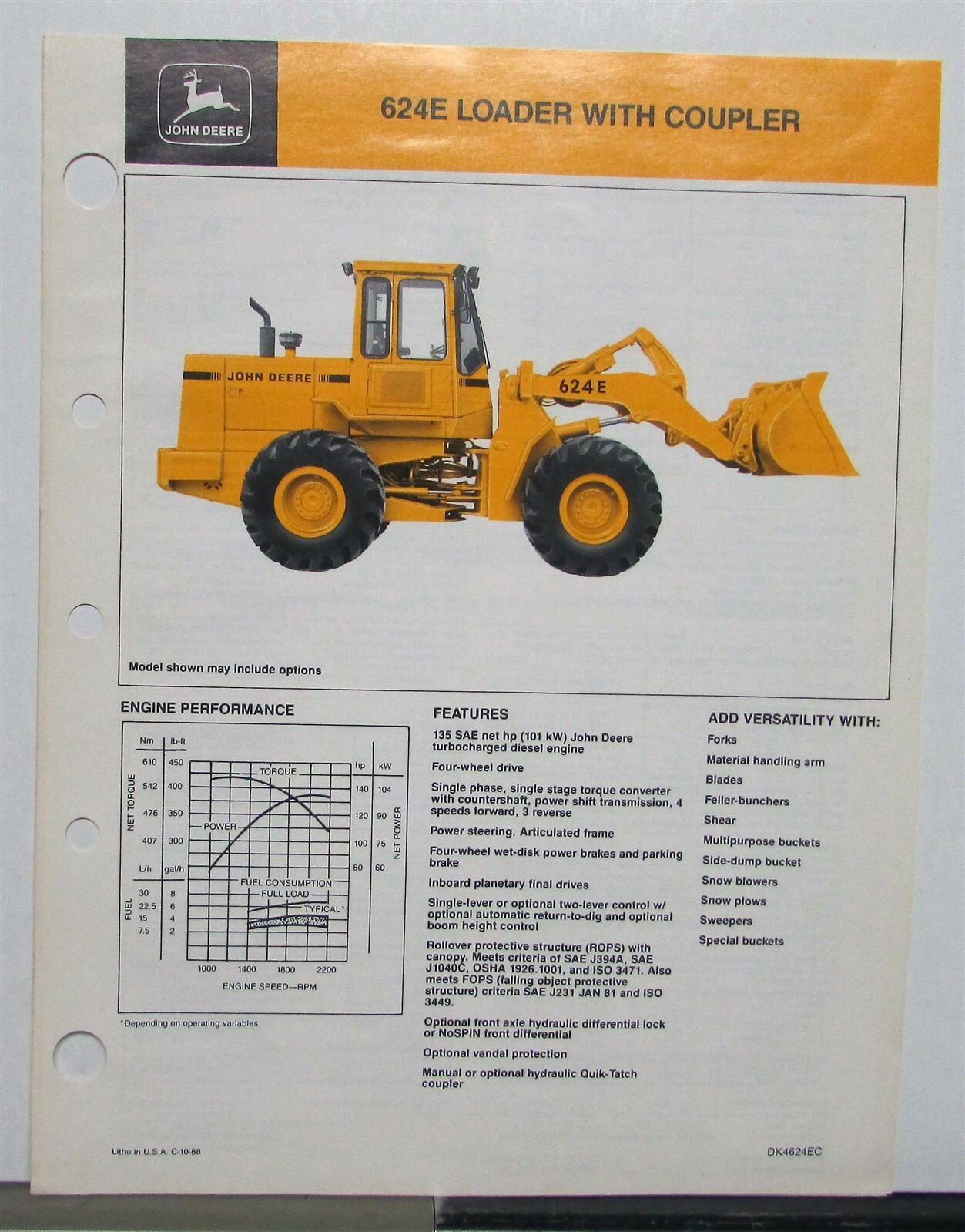 1989 John Deere 624E Loader Coupler Specification Construction Sale Brochure