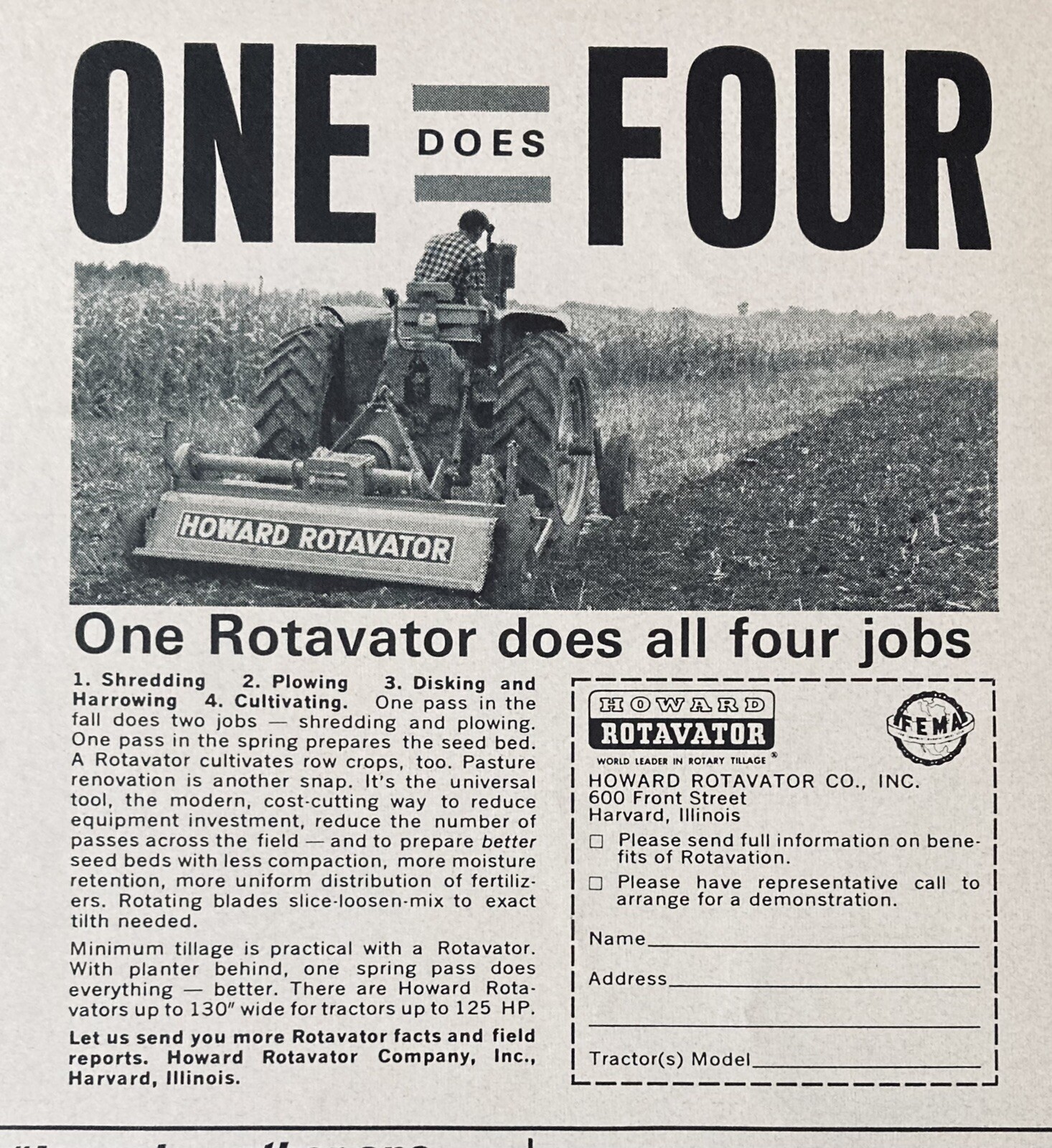 1965 AD.(XH48)~HOWARD ROTAVATOR CO. HARVARD, ILL. CULTIVATOR HARROWING EQUIPMENT