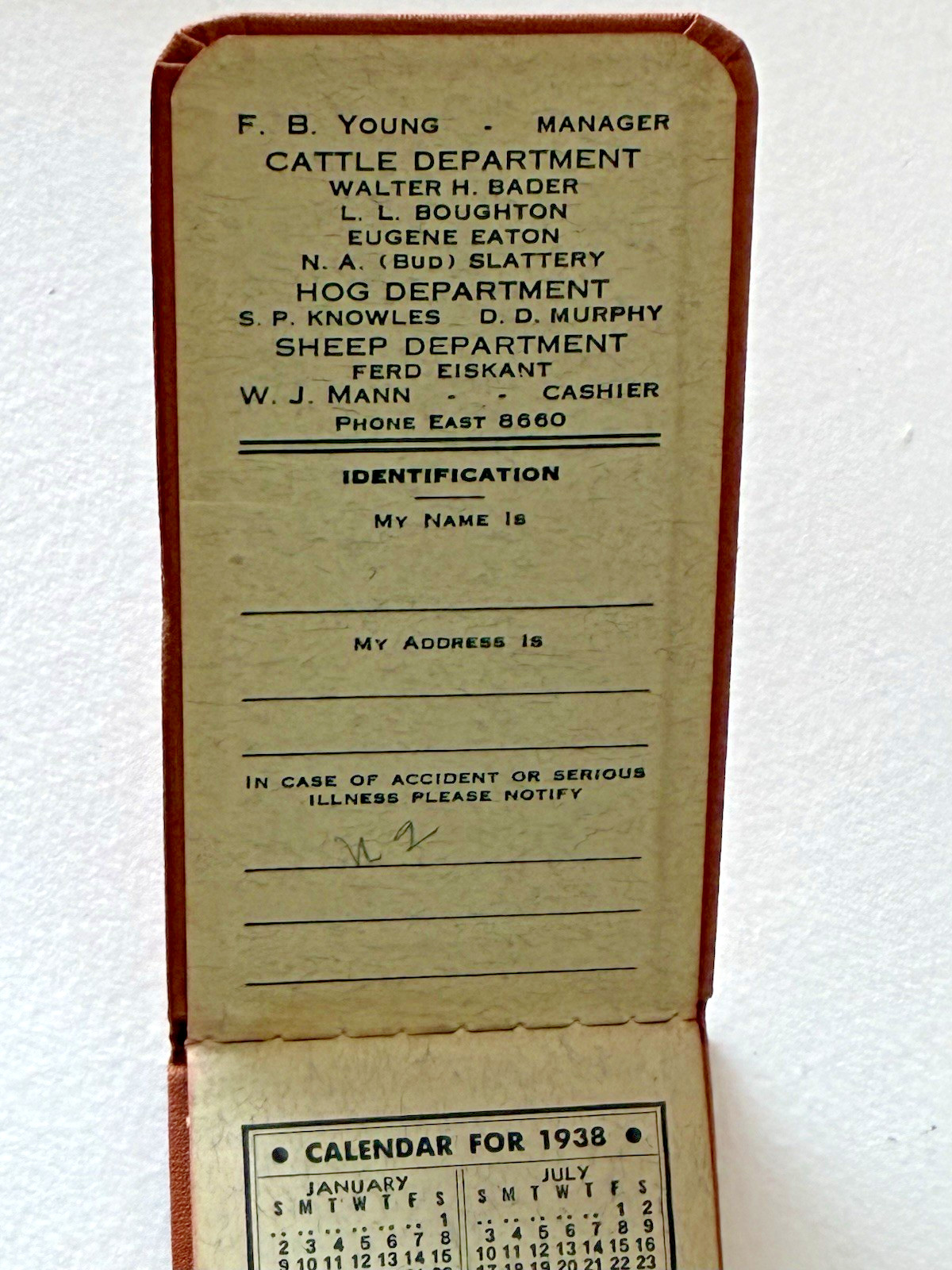 1938 Farmers Livestock Commission National Stock Yards IL Calendar Mini Notebook