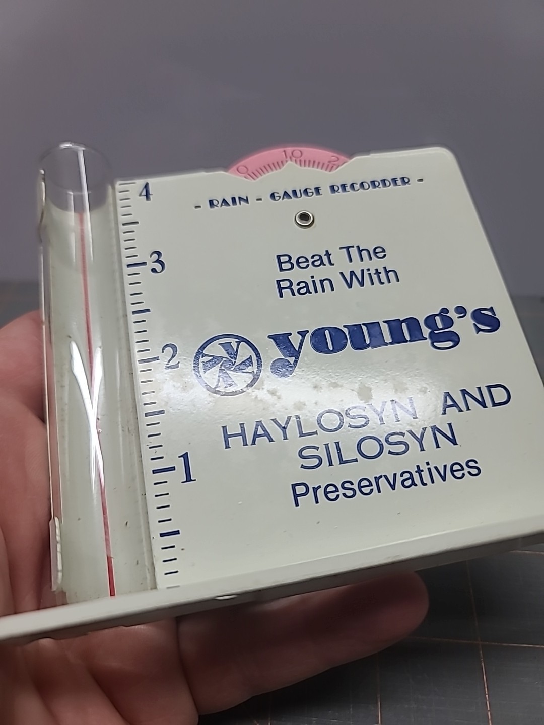 Vtg Rain Gauge Recorder Youngs Haylosyn Silosyn Preservatives Farm Advertising