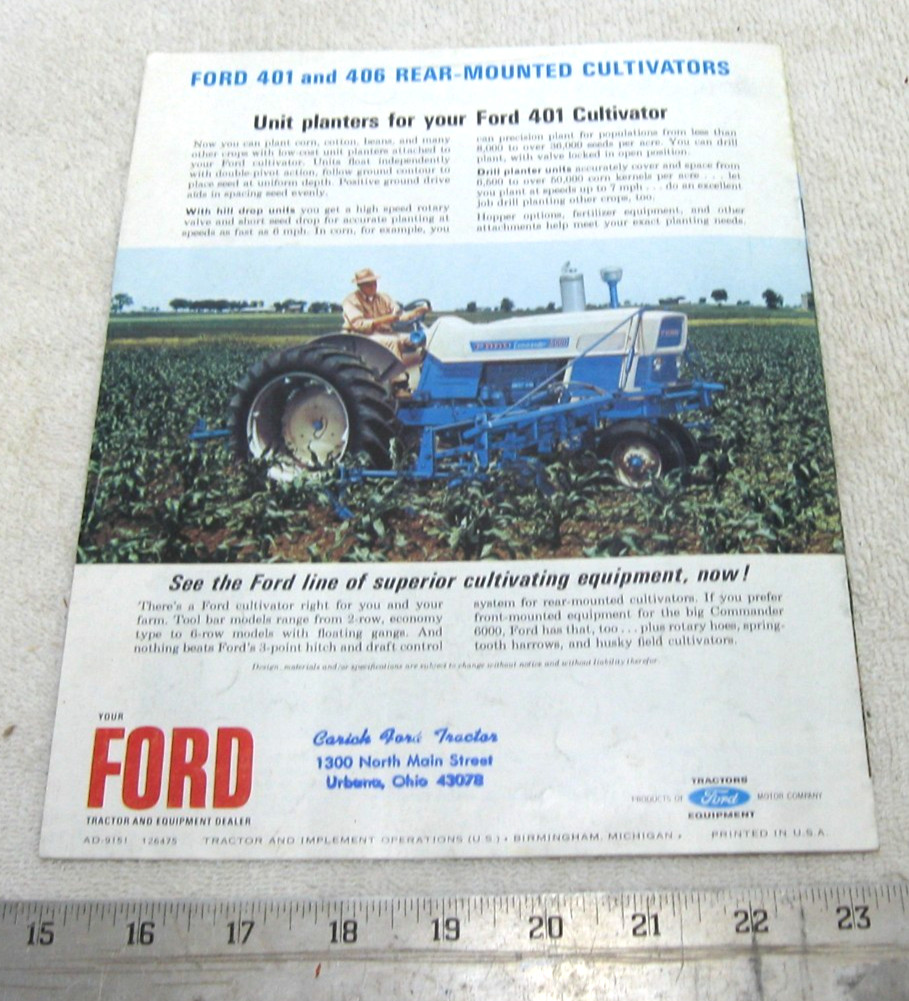 VINTAGE 1964 FORD TRACTOR REAR MOUNTED CULTIVATORS TILLAGE BROCHURE 401 406 2-6