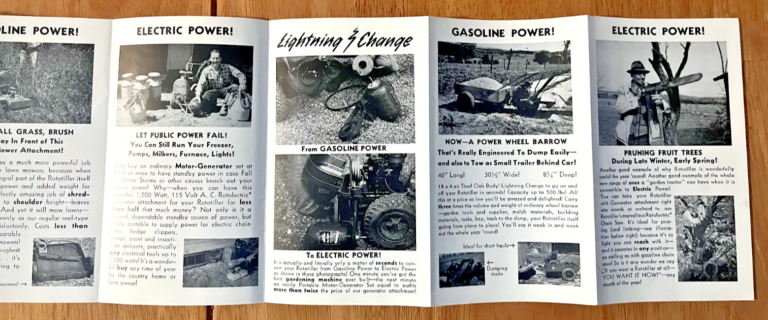 Rototiller Gas and Electric Generator attachment sales brochure Troy New York