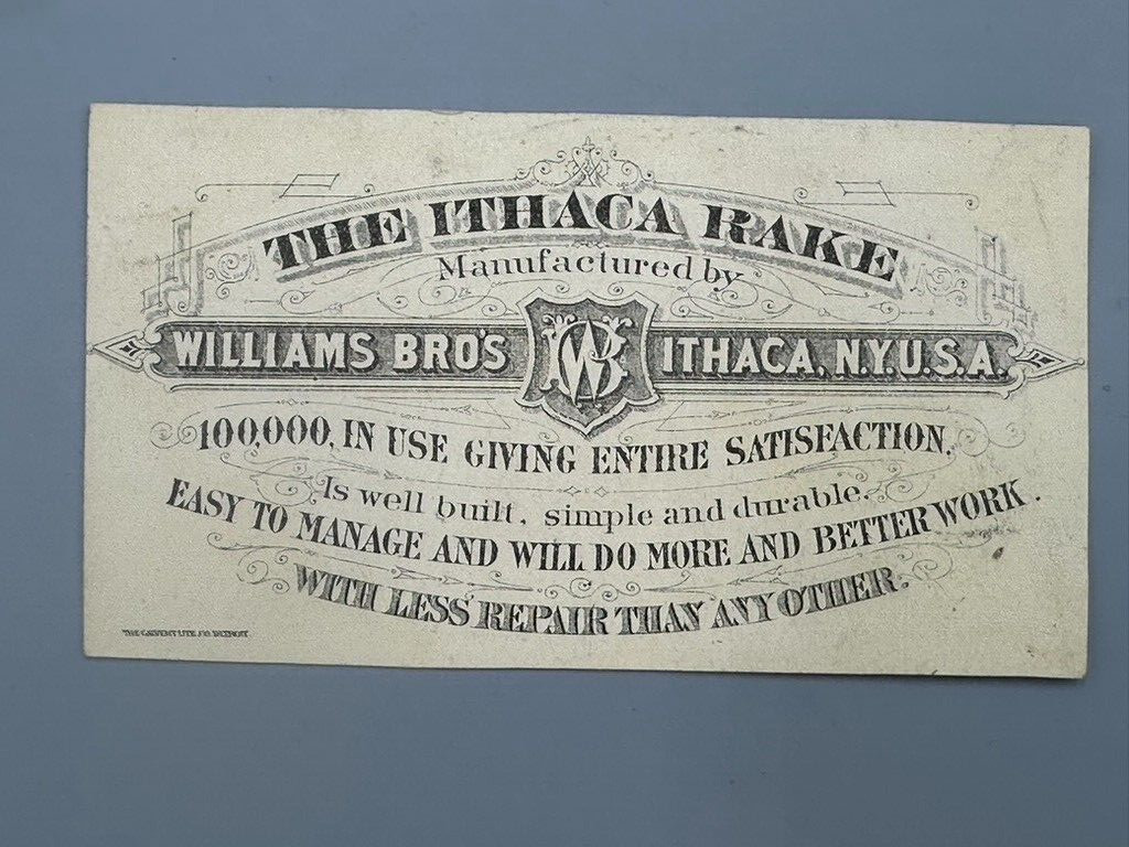 1880s ITHACA RAKE Williams Bros FARM Advertising TRADE CARD