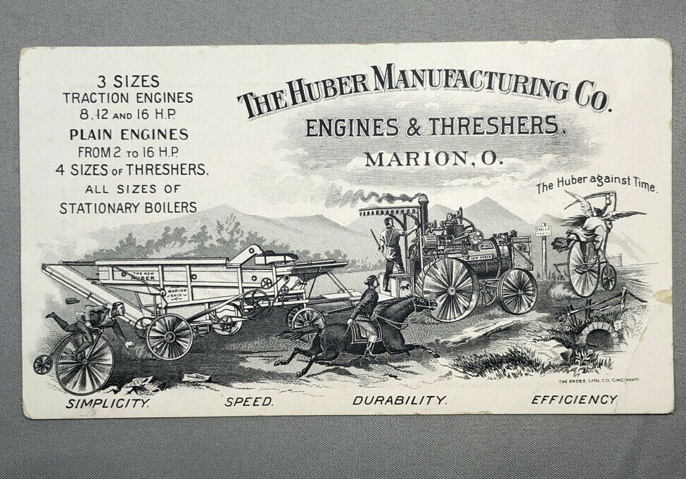 1880s HUBER Engines THRESHERS Farm Advertising ILLINOIS MAP Victorian TRADE CARD
