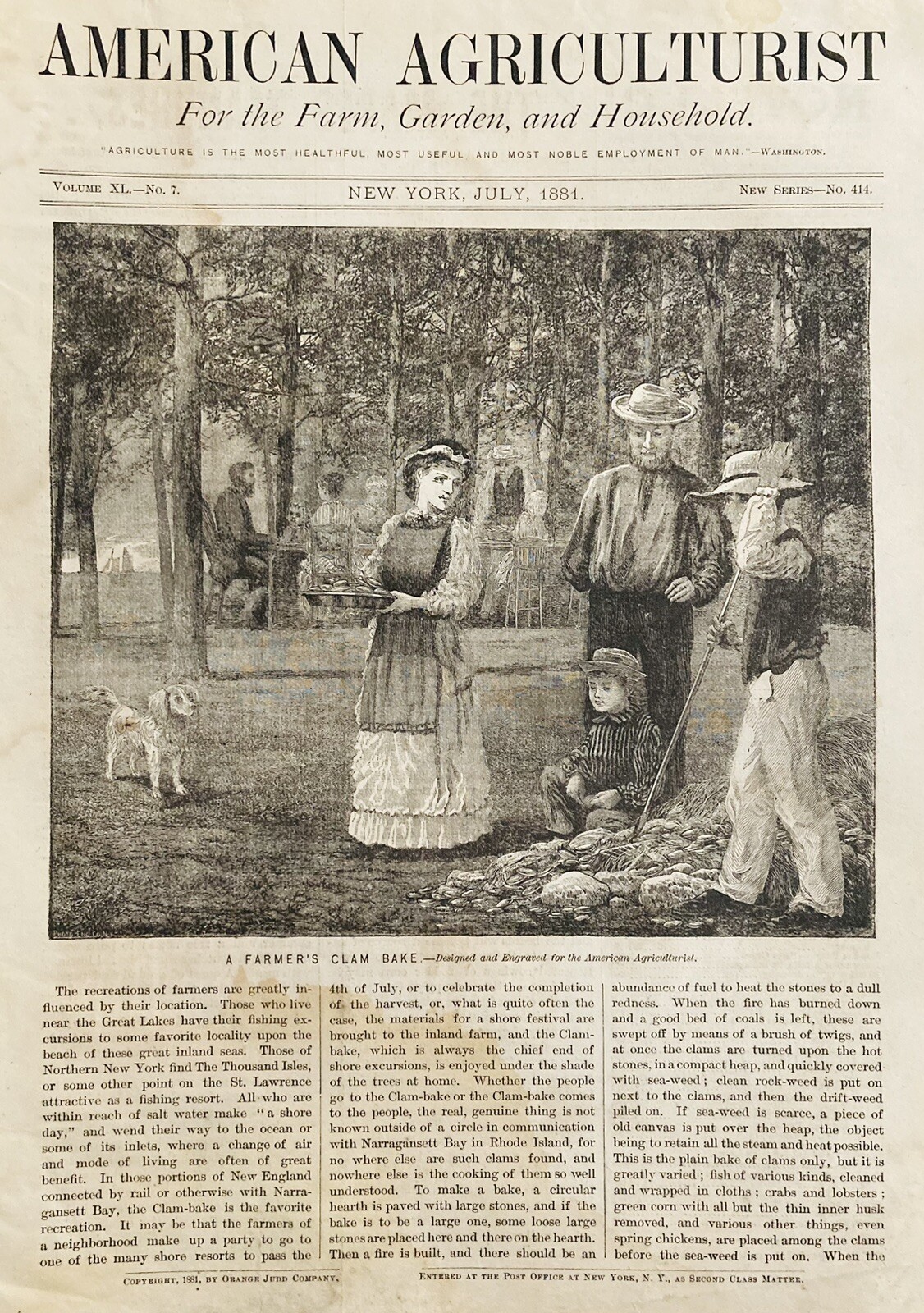 1881 AD.(XH76)~AMERICAN AGRICULTURIST MAGAZINE COVER PG. “A FARMER’S CLAM BAKE”