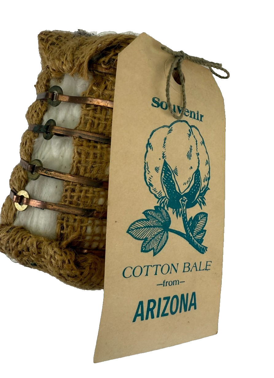 Vintage Miniature Souvenir Real Cotton Bale from Arizona in Burlap w/Tag