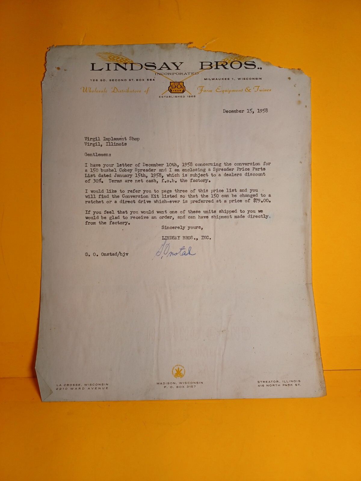 1958 Letter Lindsay Bros Co implement shop original signed