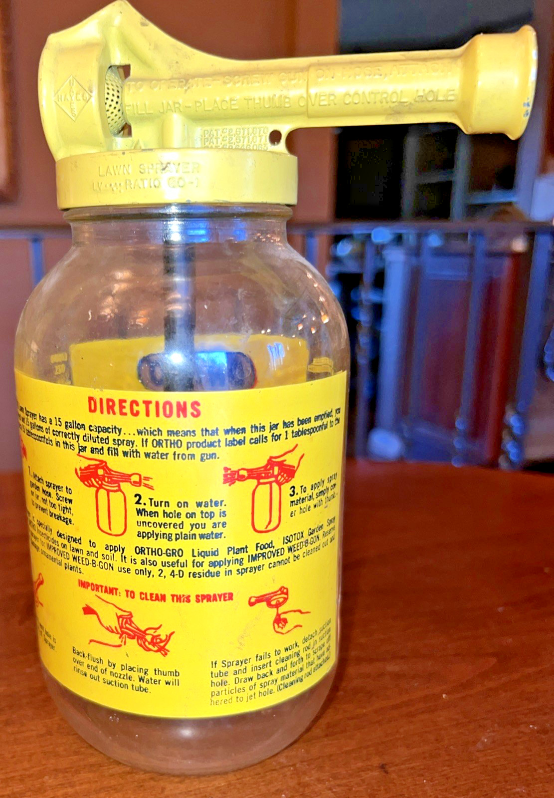 Vintage 1970 Ortho Lawn Sprayer Glass Jar Yellow Metal Lid 8&Prime; With Instructions