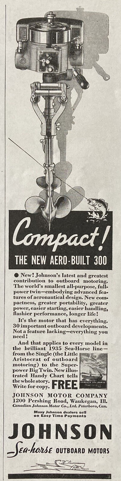 1935 AD.(XH65)~JOHNSON MOTOR CO. WAUKEGAN, ILL. JOHNSON SEA-HORSE OUTBOARD MOTOR
