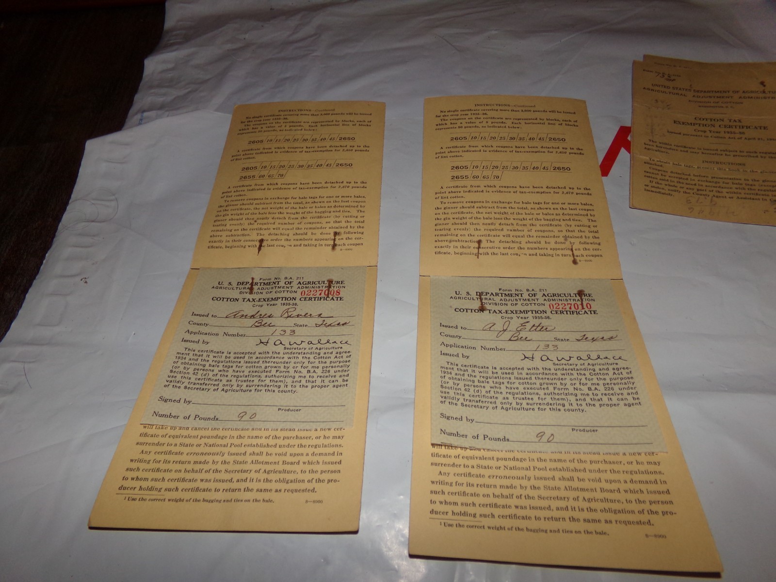 Lot 4 Vintage Agriculture Cotton taxes Exemption Certificates Bee County 1935/36