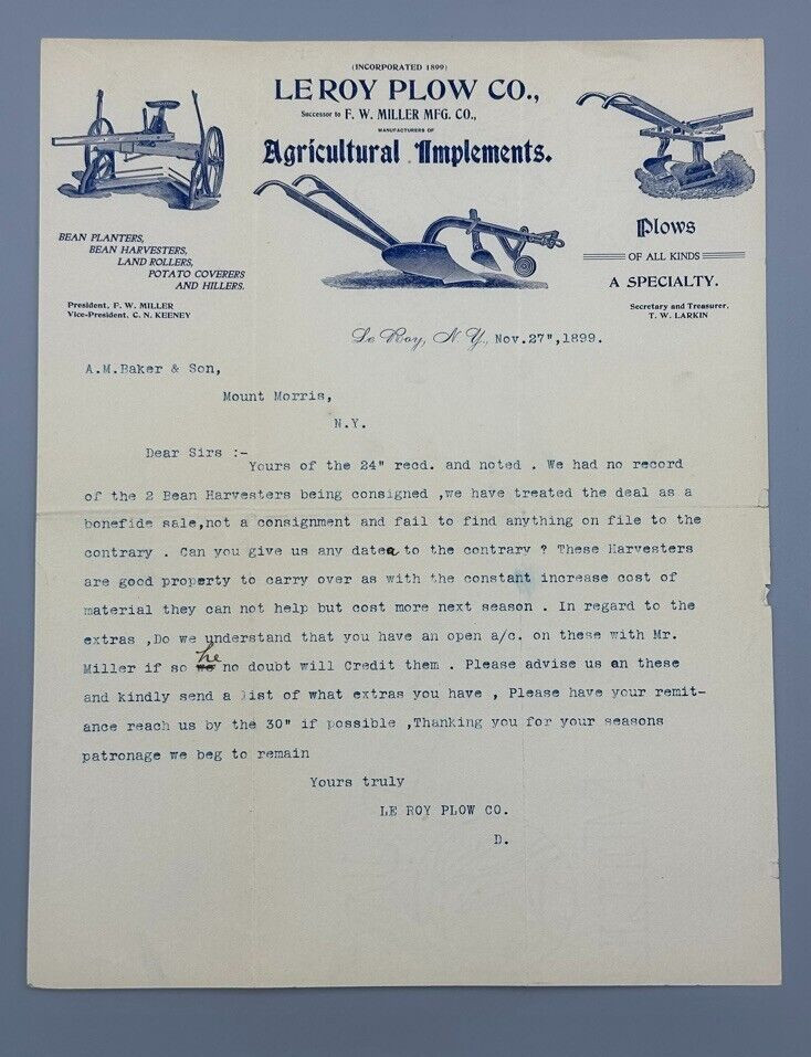 1899 LE ROY PLOW New York FARM Agricultural Implements Letter Antque ADVERTISING