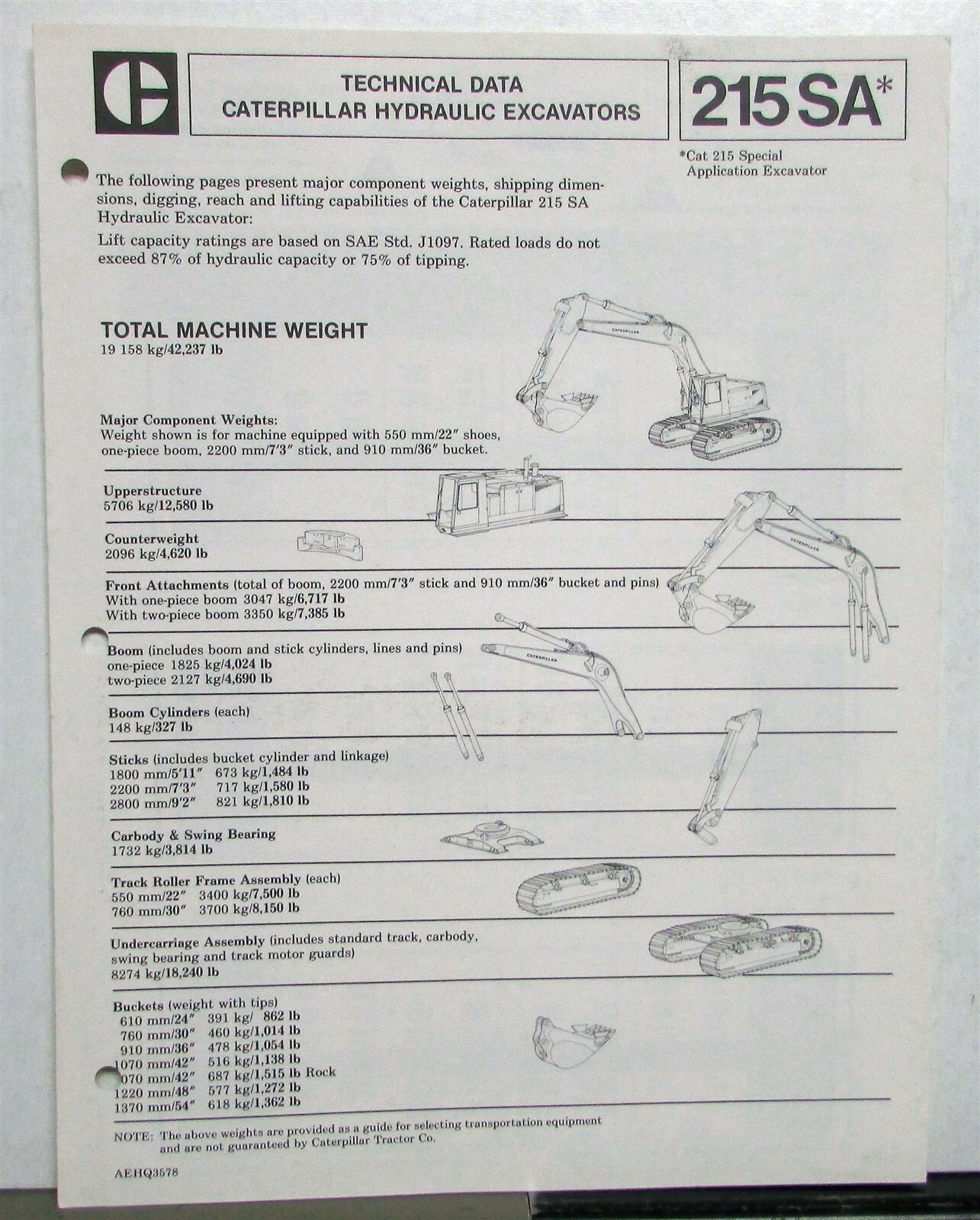 1983 Caterpillar 215SA Hydraulic Excavator Construction Specs Sales Tri-Folder