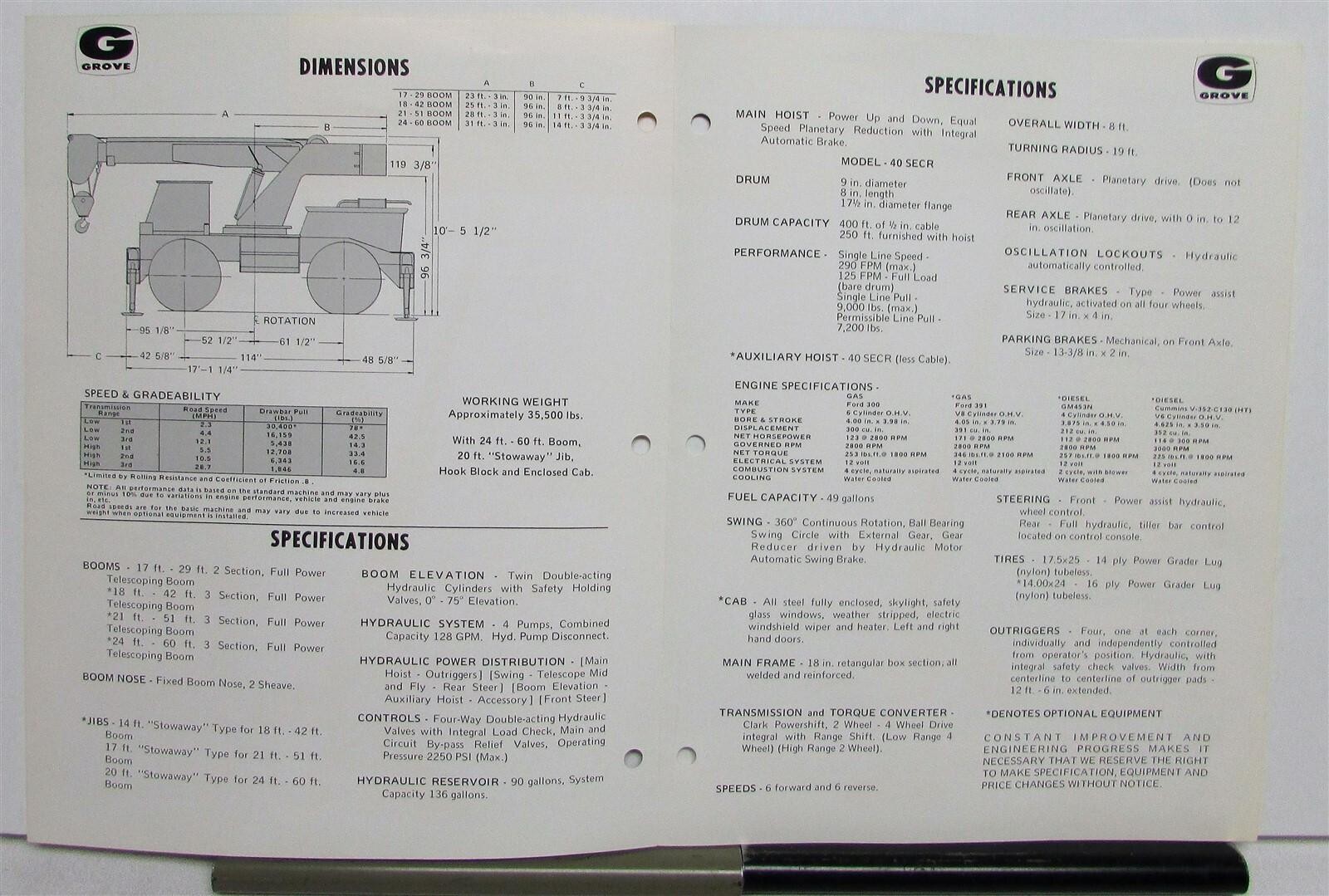1971 Grove RT58 14 Ton Crane Specifications Construction Sale Brochure