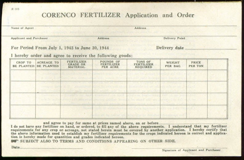 Corenco Fertilizer Application & Order Pad 1943-1944