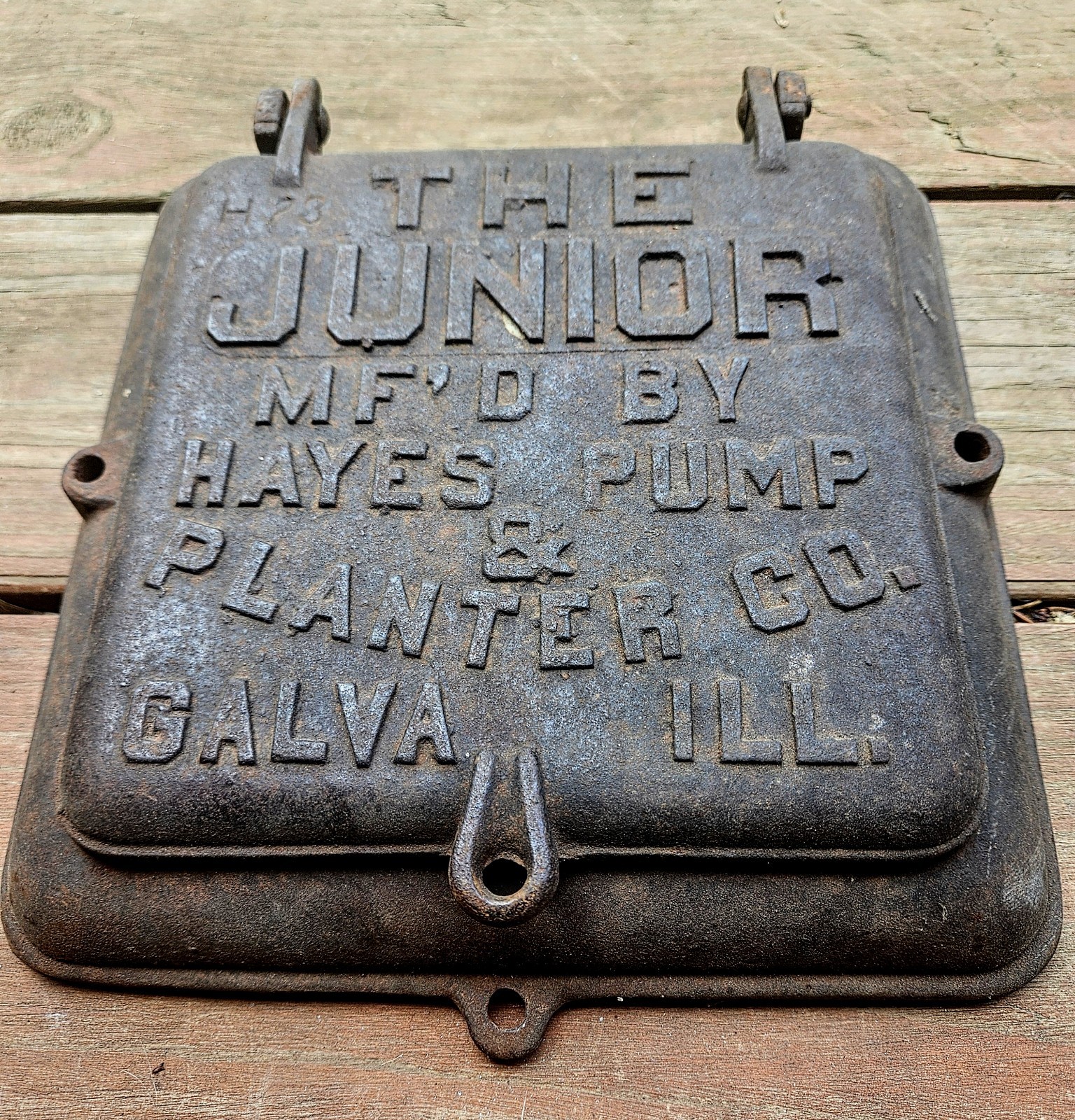 The Junior Hayes Pump Planter Cast Iron Lid for Corn Box Galva Illinois Vintage