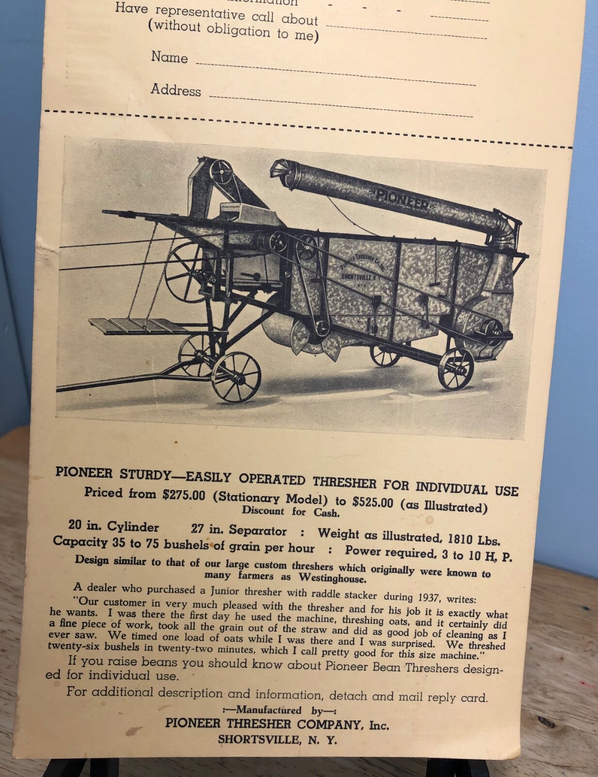 1938-45 Unused PIONEER THRESHER CO INC. Shortsville N.Y. ADVERTISING POST CARD