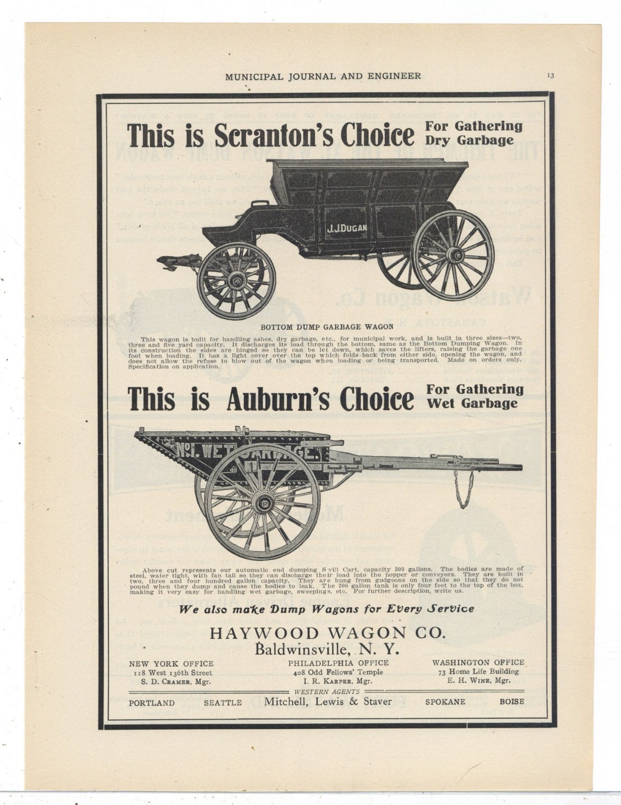 1908 Haywood Wagon Co. of Baldwinsville New York Ad: Wagons for City Garbage Use