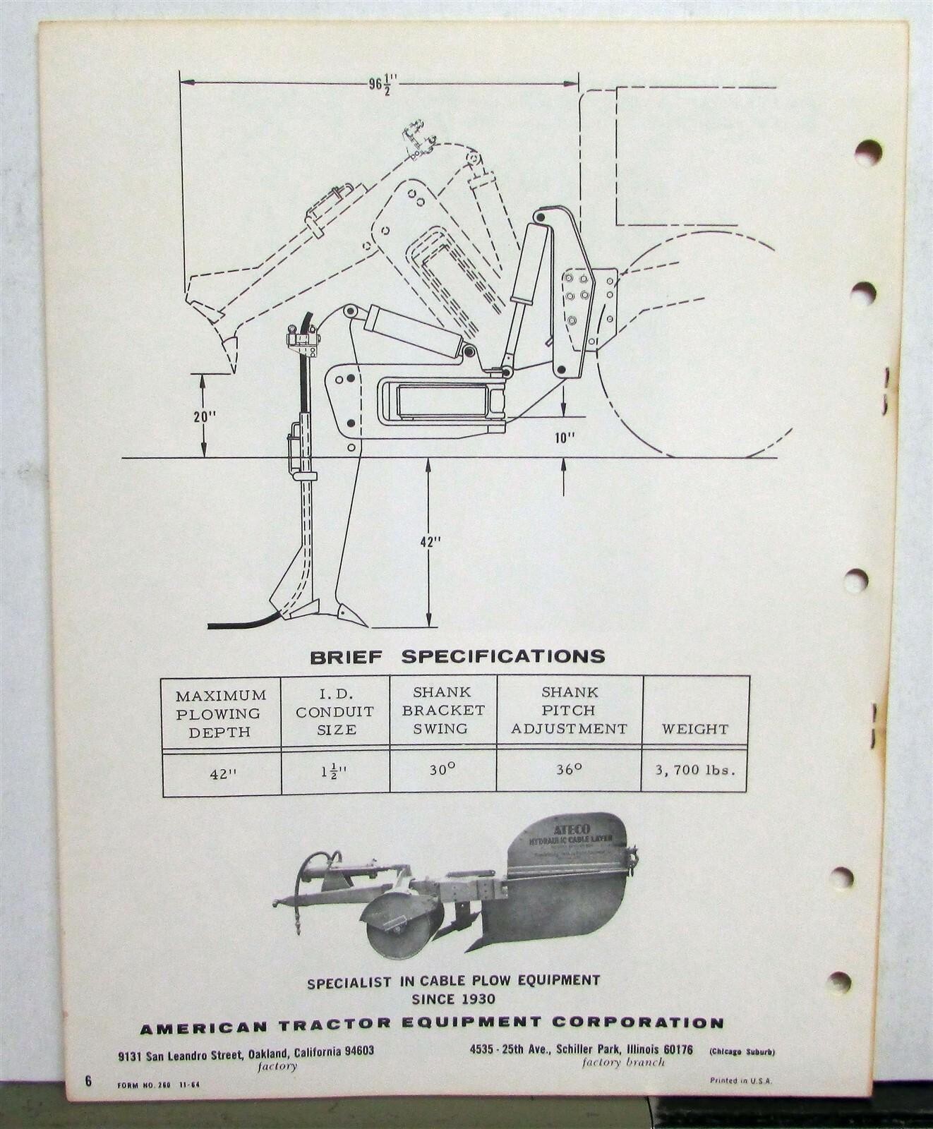1965 ATECO Cable Plowing Applications Tractor Construction Specs Sales Brochure