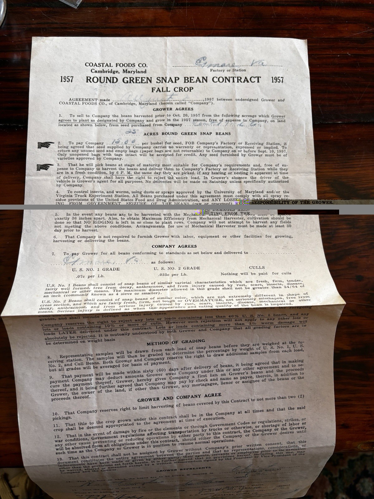 1957 Snap Bean Contract Jones Bros Cheriton ESVA & Coastal Foods Agriculture Adv